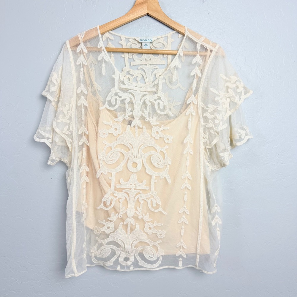 Sundance Womens XL Sheer Mesh Embroidered Short Sleeve Top with Cami Cream Boho
